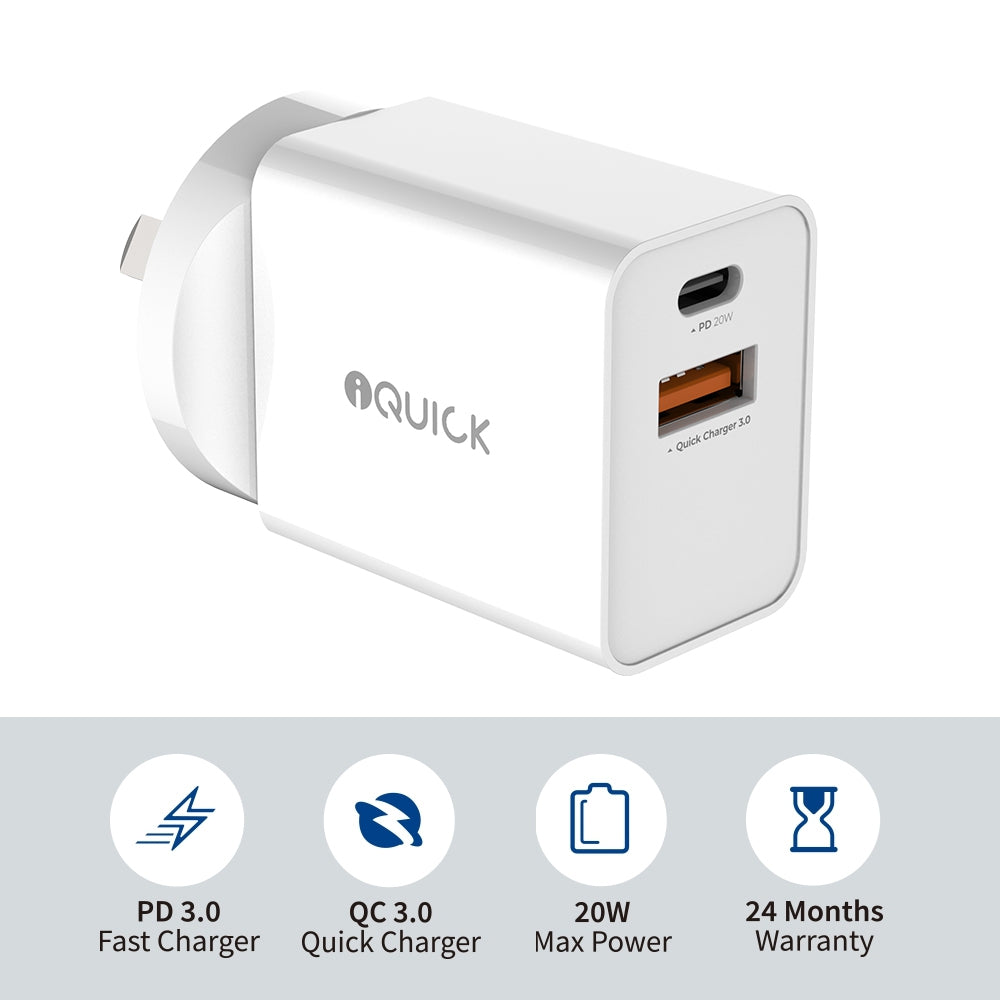 iQuick PD3.0+QC3.0 2-Port Charger 20W (White)