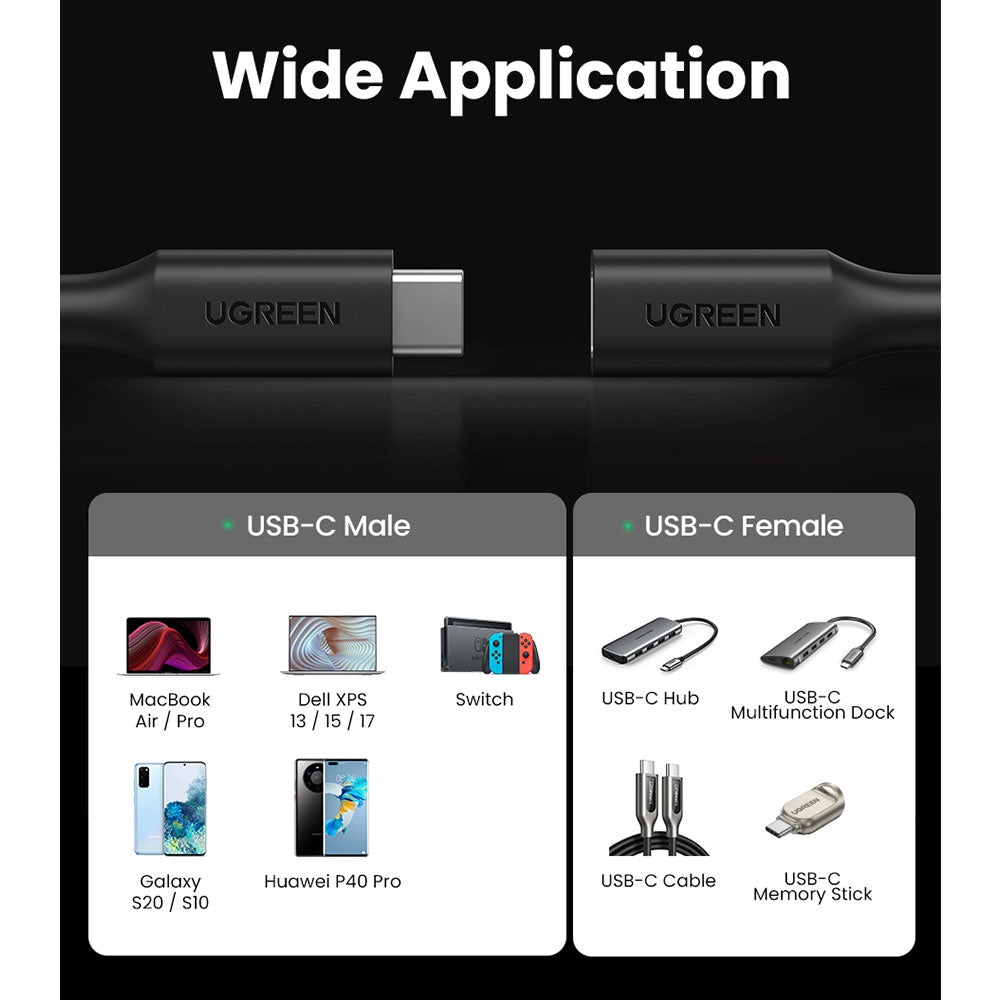 UGREEN Type-C/M to Type-C/F Gen2 5A Extension Cable 1M Black