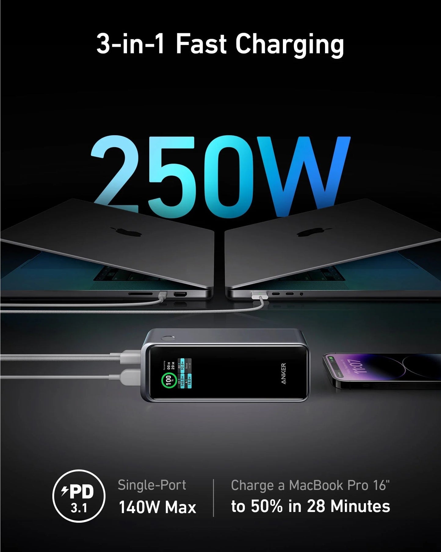 Anker Prime 27K 250W 3-Port Power Bank with Digital Display